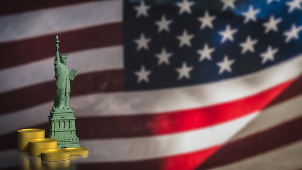 The statue of liberty and coins for business concept 3d rendering. photo