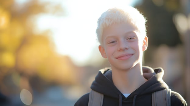 Diverse Portrait of a Young Albino Middle Eastern Teenage Boy Outdoors in Autumn Lighting photo