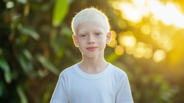 Albino Thai Boy Smiling in Nature, Sunlight, Portrait for Diversity Representation in Stock Photography photo