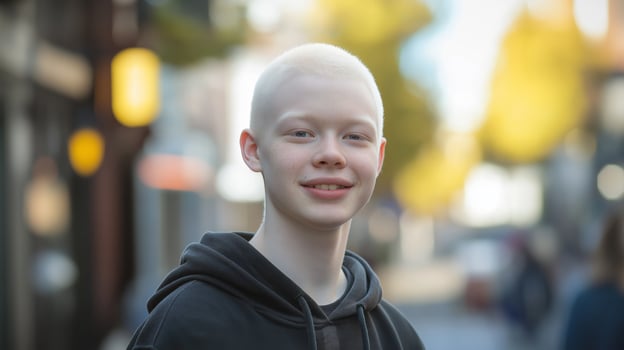 Smiling British Teen Boy with Albinism in Urban Street Setting Showing Confidence and Diversity photo
