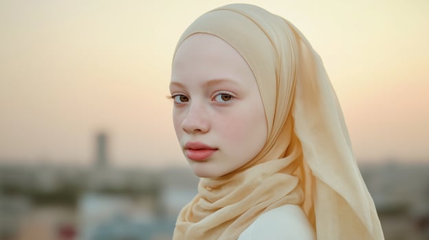 Portrait of a Teenage Arab Girl with Albinism in Traditional Hijab at Sunset Design for Poster, Print and Digital Use photo