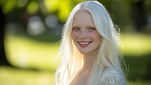 Young Albino Woman with Radiant Smile in Outdoor Setting, Embracing Diversity and Natural Beauty photo