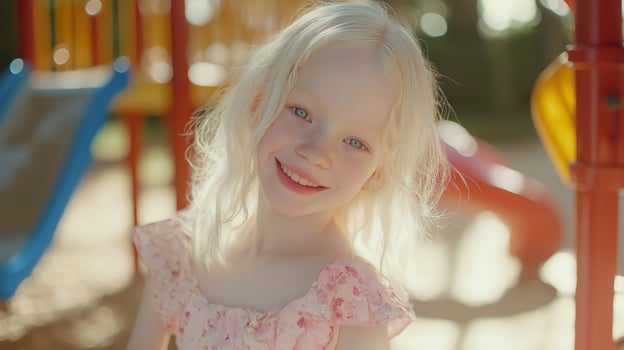 Joyful Smiling Young Albino Girl at Playground, Outdoors Summer Fun, Stock Photo for Cards, Posters, and Print Designs