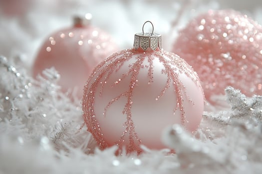 Pink christmas ornament resting on delicate white tinsel photo