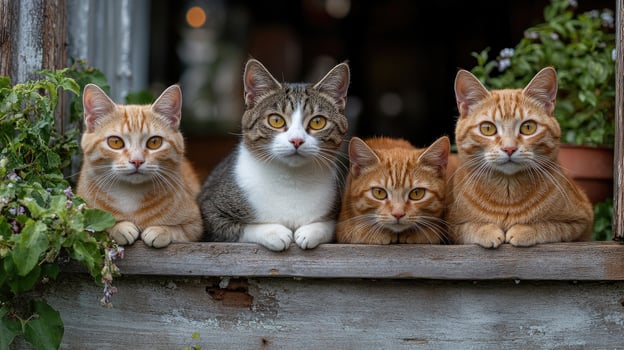 Ginger cats posing on a blue ledge photo