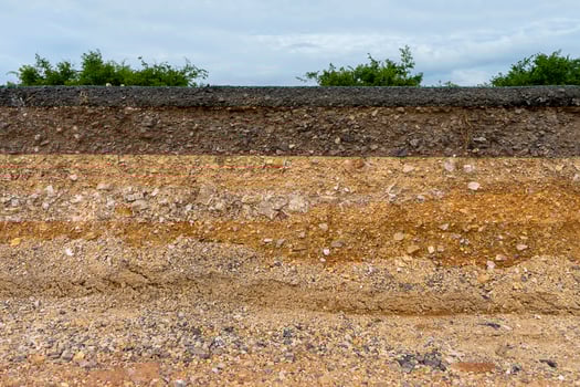 The layer of asphalt road with soil and rock. photo