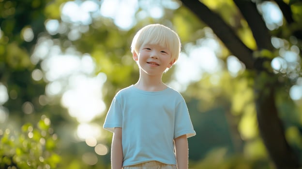 Young Japanese Albino Boy Outdoors in Sunlit Forest, Natural Light Photography for Design, Card, Poster photo