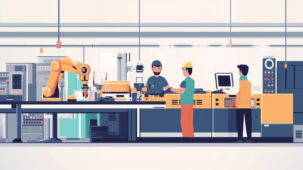 Workers collaborating in a modern factory setting with robotics and advanced machinery during a busy manufacturing process photo