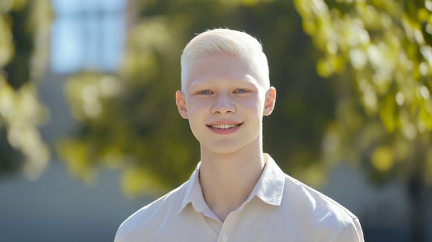 Portrait of a Young South Asian Man with Albinism Outdoors in Urban Environment photo