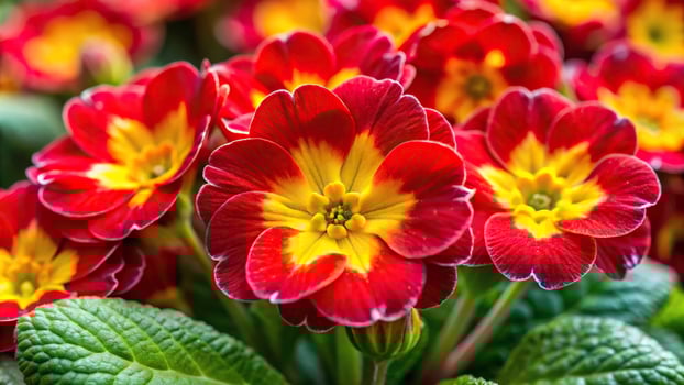 Macro red and yellow primrose or primula flowers photo