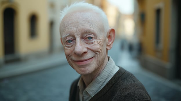 Elderly Italian Man with Albinism Smiling on a Cobblestone Street in Historical Town photo