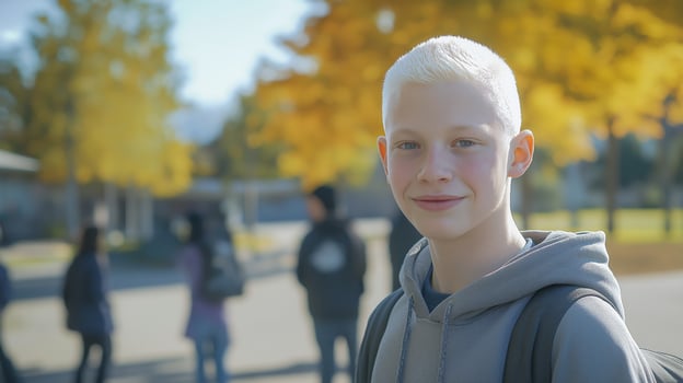 Smiling Teenage Student with Backpack in Autumn Schoolyard Setting for BacktoSchool Poster Design photo