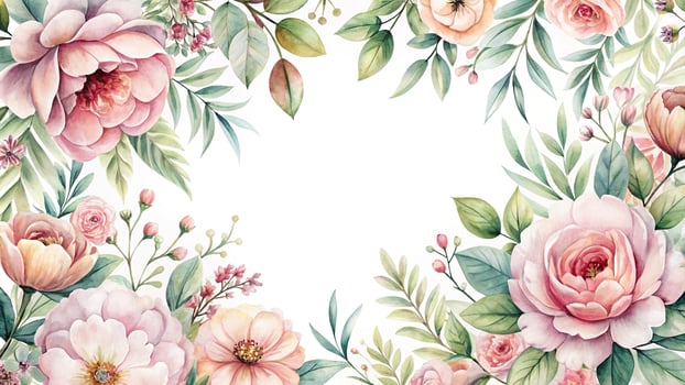 Luxurious floral watercolor with delicate pink blooms and botanical elements photo