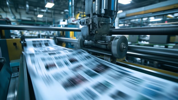 Printing press in action at a commercial printing facility during the day showing a rapid flow of printed materials on the conveyor belt photo