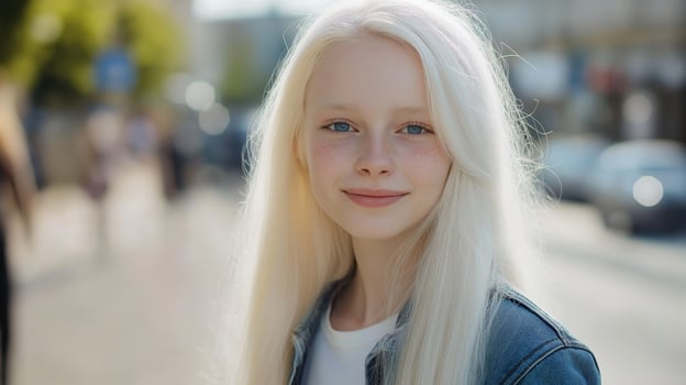 Smiling Southern European Albino Teenage Girl Outdoors, Summer Day, Natural Beauty, Diversity Awareness, Youthful Confidence, Fashion Casual Look, Street Photography photo