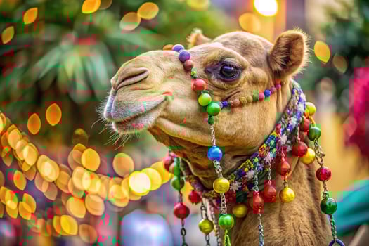 Macro shot of a celebratory camel pet camel adding charm to the festive ambience of Eid al Adha photo