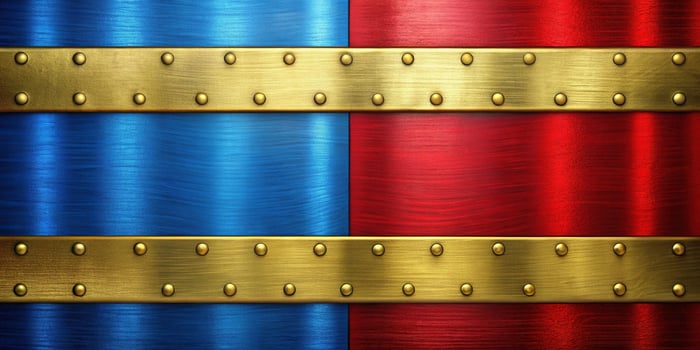 Macro abstract background with red, blue, and gold metal textures featuring golden rivets. photo
