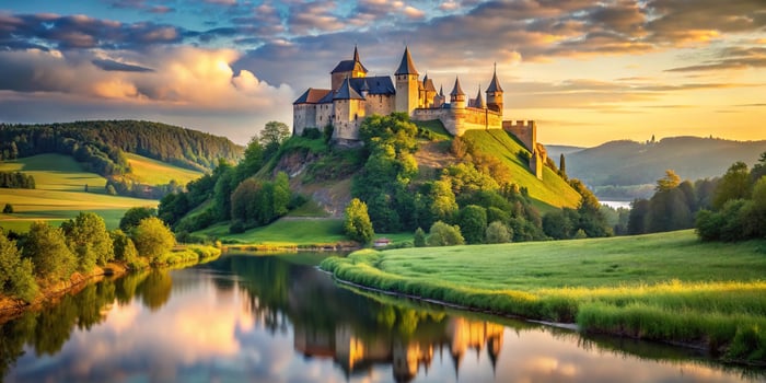 Majestic medieval castle on a vast meadow by the river, enchanting fairytale fortress on a hilltop bird's eye view photo