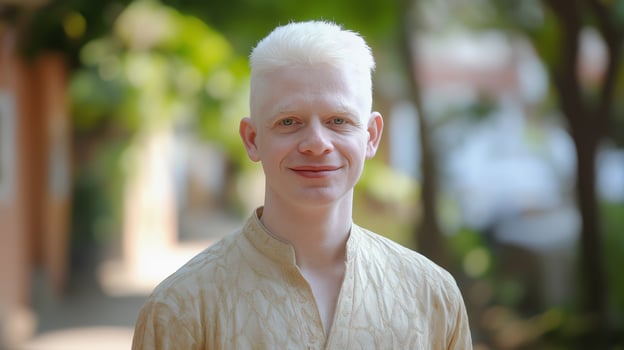 Portrait of a Bangladeshi Albino Man in Traditional Dress Outdoors Diversity and Inclusion Stock Photo for Print, Poster, Design
