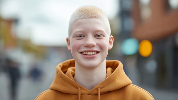 Confident British Teenage Boy with Albinism in a Bright Hoodie Standing Outdoors photo