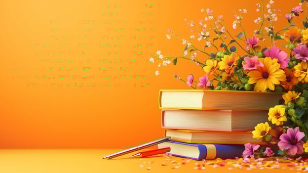 Colorful flowers arranged in a vase atop a stack of books against a vibrant orange background during a bright afternoon photo