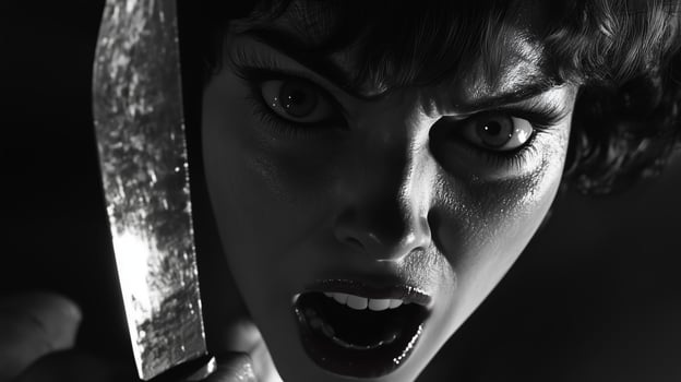 A woman with intense expression holds a gleaming knife in a dark setting, evoking suspense and emotion in black and white photo