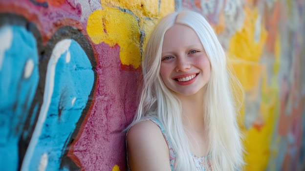 Beautiful Albino Teenage Girl Smiling, Artistic Graffiti Background, Diversity, and Cultural Expression photo