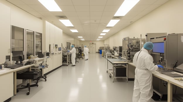 Scientists working in a cleanroom laboratory conducting research and experiments with advanced equipment during daytime hours photo