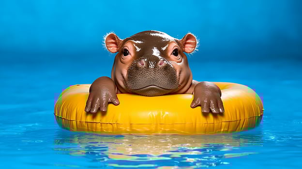 Cute Hippopotamus in Pool Floaty on Bright Blue Background photo