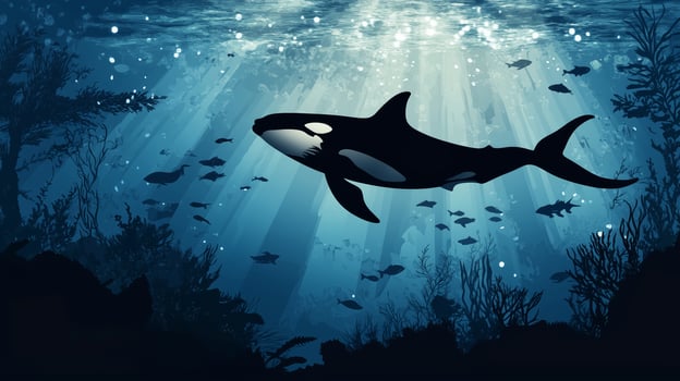 A majestic orca gliding through a serene underwater landscape illuminated by soft beams of sunlight in deep blue waters photo