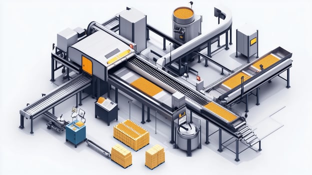 Automated food processing facility with conveyor belts and storage solutions during peak production hours photo
