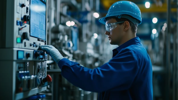 Technician operating machinery in a modern industrial facility during daytime photo