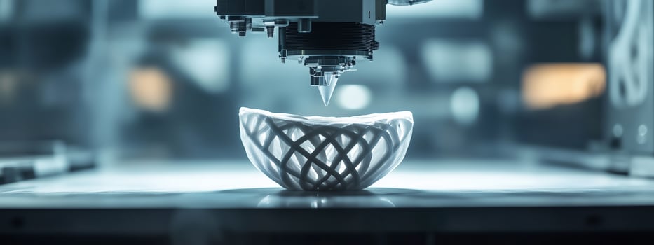 A 3D printer creating a white decorative bowl in a modern workshop during daylight, showcasing intricate lattice design and technology in action photo
