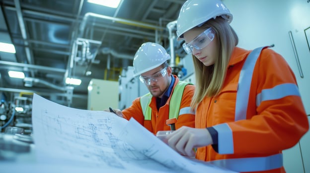 Engineers reviewing schematics in a facility during a project inspection in a modern industrial environment photo