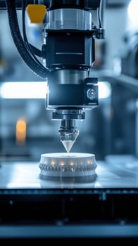 Advanced manufacturing process in a high-tech factory featuring a precision 3D printer producing intricate parts in a well-lit environment photo