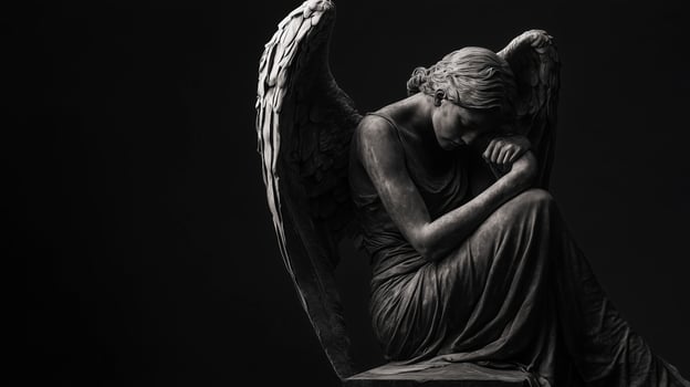 A contemplative angel sculpture in a dark setting, showcasing intricate details and a serene expression, exemplifying artistry and emotion photo