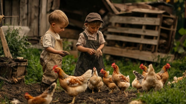 Children feeding chickens on a rural farm photo