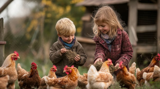 Children feeding chickens on a rural farm photo
