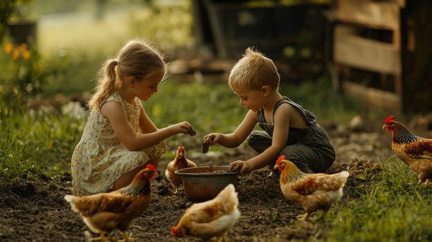 Children feeding chickens on a rural farm photo