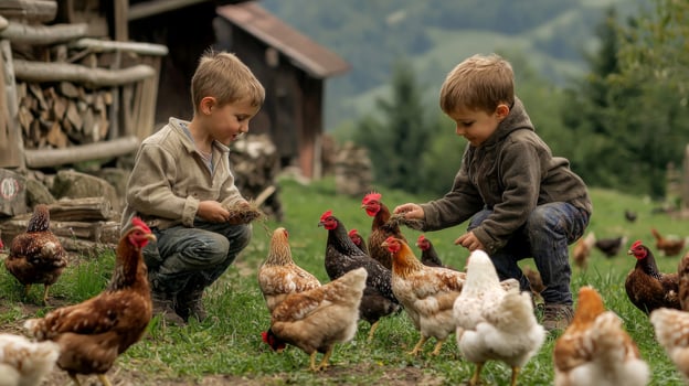 Children feeding chickens on a rural farm photo