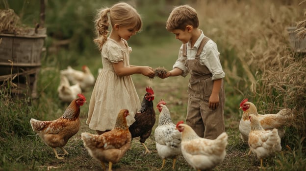 Children feeding chickens on a rural farm photo