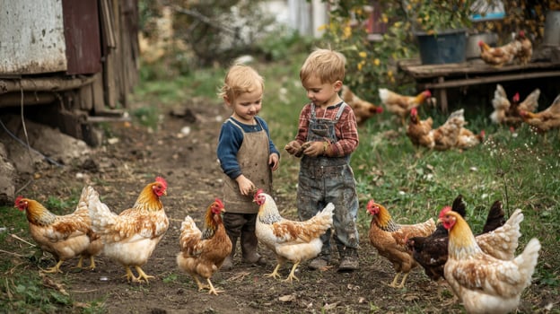 Children feeding chickens on a rural farm photo