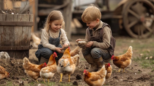 Children feeding chickens on a rural farm photo