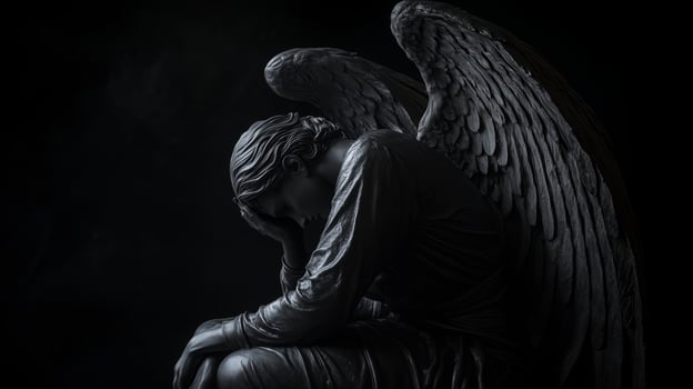 A somber angel statue with wings, poised in contemplation, surrounded by dim light, conveying deep emotion in a reflective setting photo