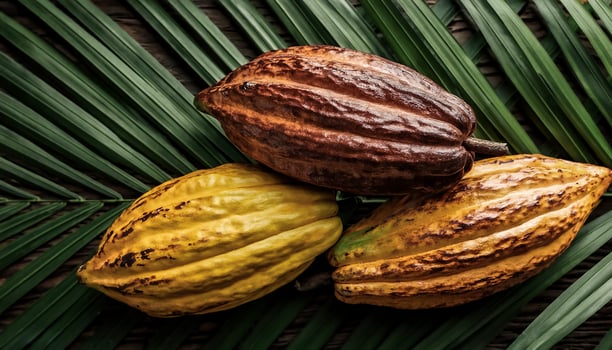Fresh, Pile, Ripe and juicy sweet cocoa fruits. Halves food summer background photo