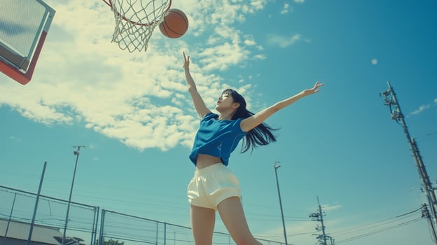 A young athlete jumps high to score a basket during a sunny day at an outdoor basketball court photo