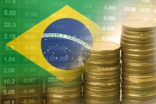 Stock market investment trading financial, coin and Brazil flag or Forex for analyze profit finance business trend data background. photo