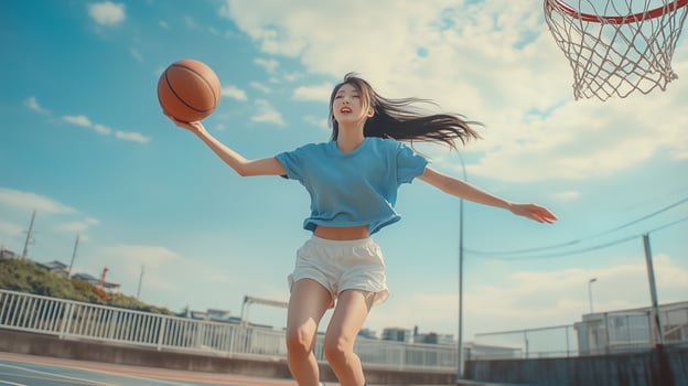 Young woman practicing basketball skills on an outdoor court under a bright sky in the afternoon photo
