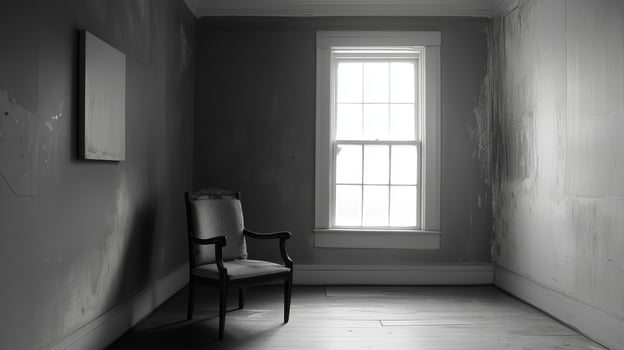 A solitary chair in a dimly lit room with a large window showcasing muted light and simple decor enhances a serene atmosphere photo