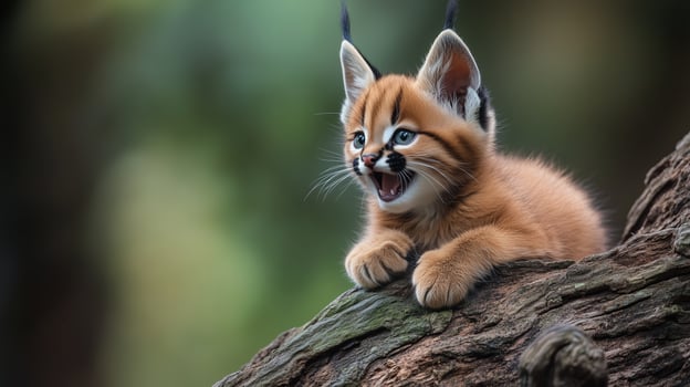 A playful caracal kitten perched on a tree branch, showcasing its adorable features in a lush natural habitat photo